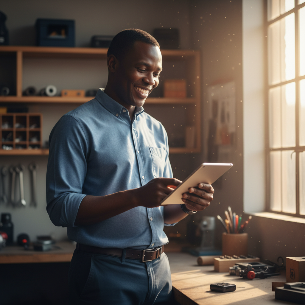 Business owner checking tablet